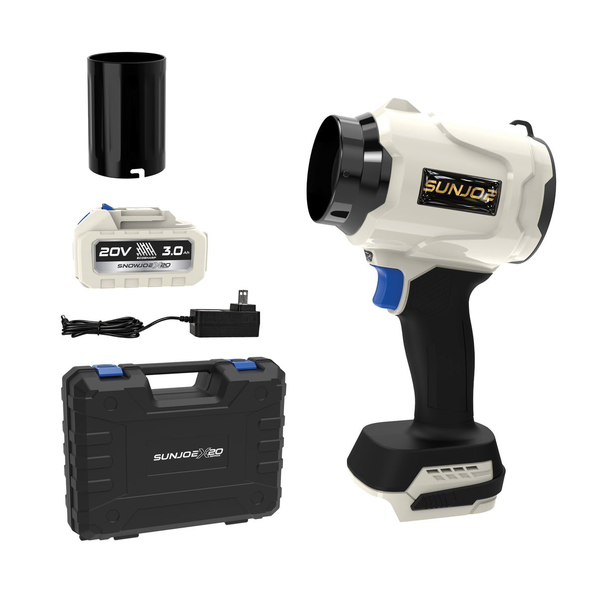 Sun Joe 20-Volt ECOSHARP Cordless X20 StormJet Handheld Turbo Blower | 300 CFM | 3.0-Ah Battery + Charger