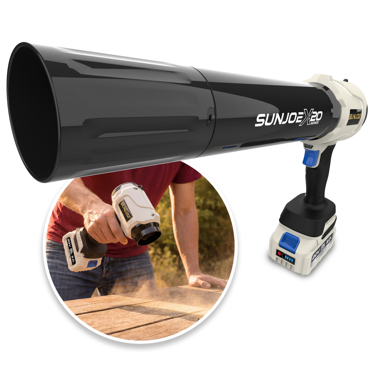 Sun Joe 20-Volt ECOSHARP Cordless X20 StormJet Handheld Turbo Blower  | 300 CFM | W/ 5000 mAh (5.0-Amp) Battery + Charger