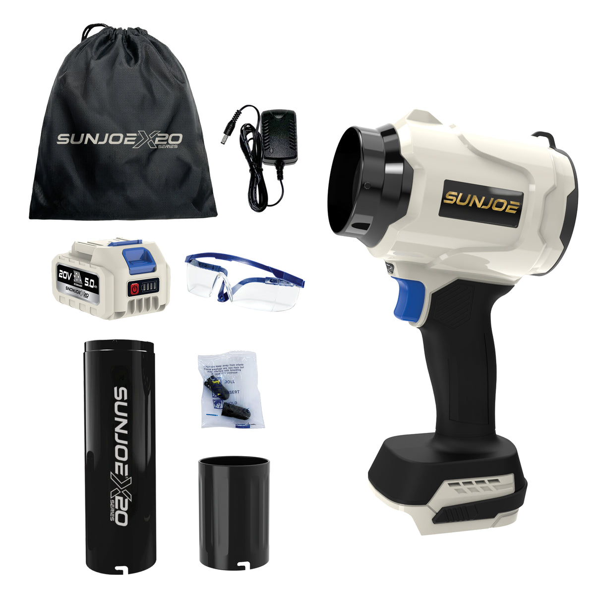 X20-STORMJET-TV1 blower, nozzle set, 5.0 Ah battery, charger, goggles, earplugs, and bag