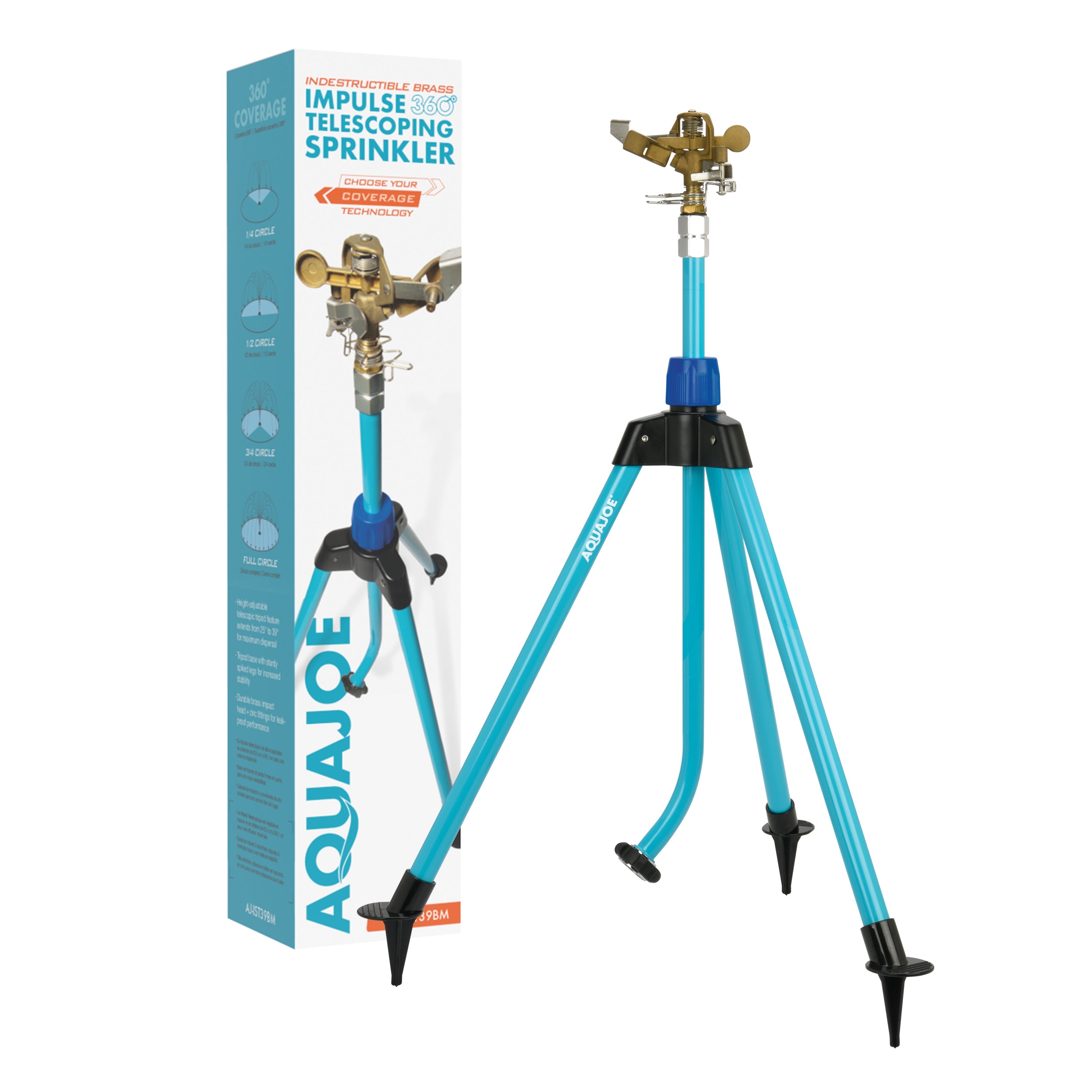 Aqua Joe AJ-IST39BM Indestructible Brass Impulse 360 Degree Sprinkler | Telescoping | 1390 sq ft Max Coverage