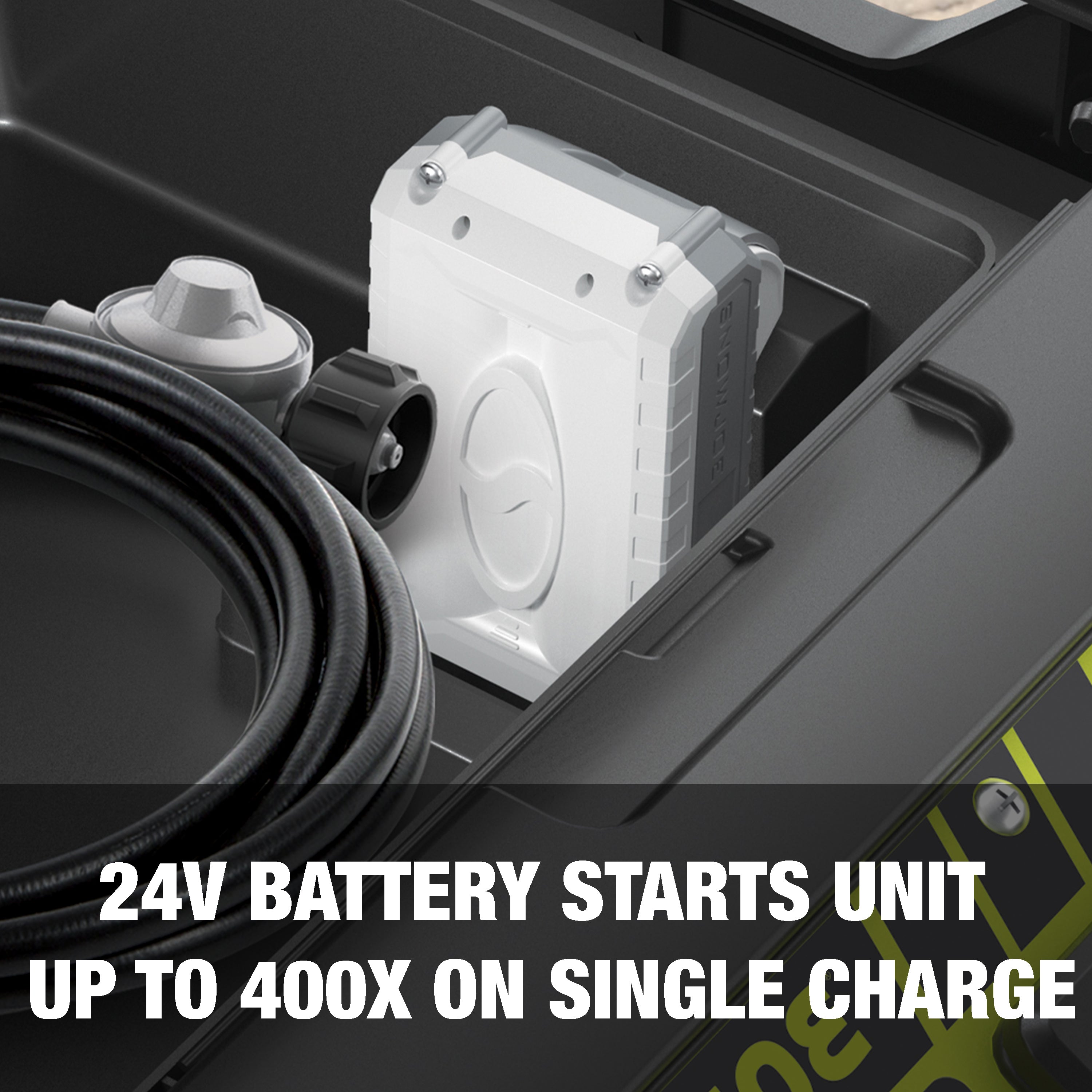 24-volt lithium-ion battery starts unit up to 400 times on a single charge.