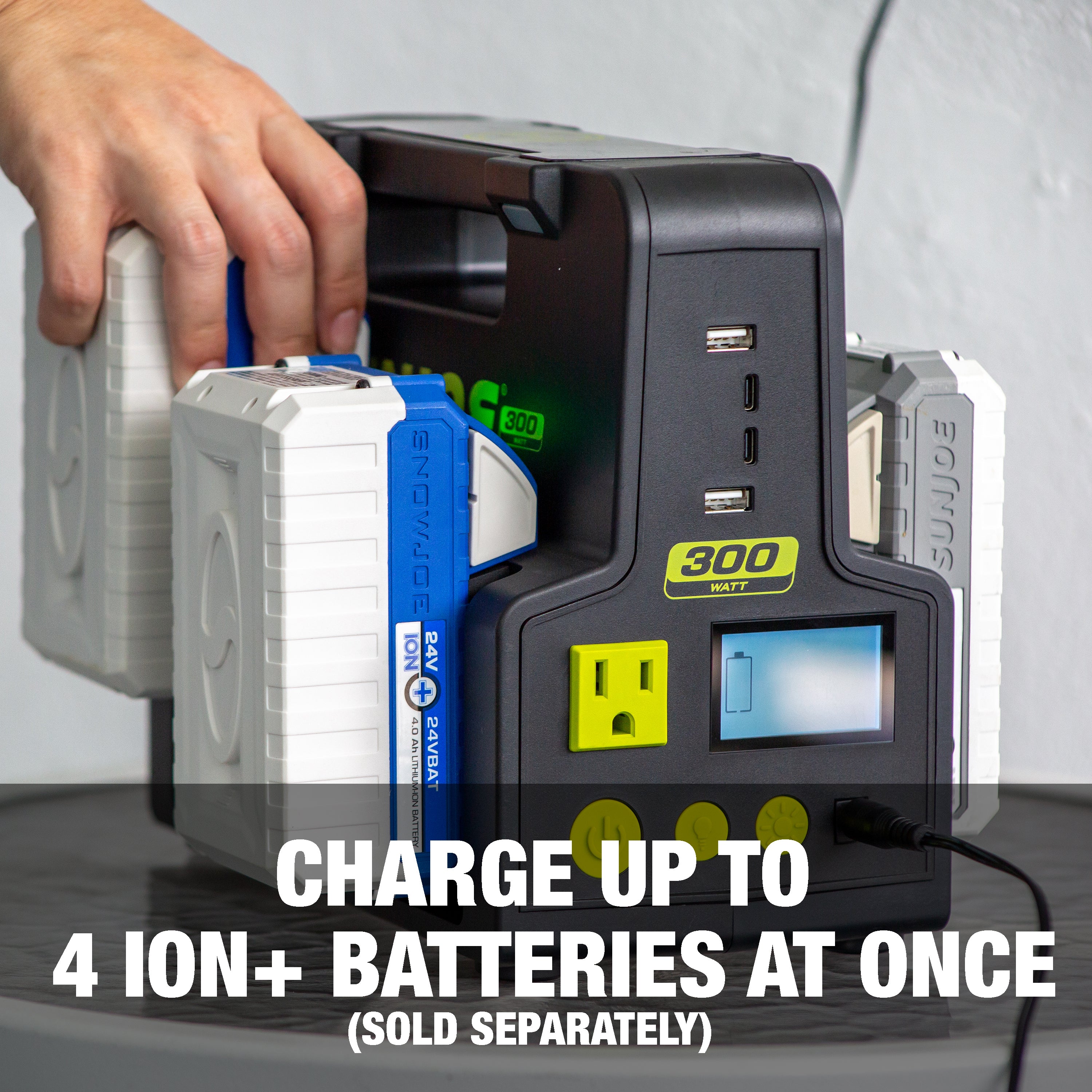 Charge up to 4 24-Volt lithium batteries at once (sold separately).