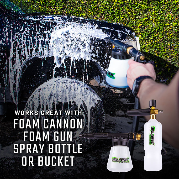 Slick Products Wash and Wax Foam Shampoo Cleaning Solution works great with a foam cannon, foam gun, spray bottle, or bucket.