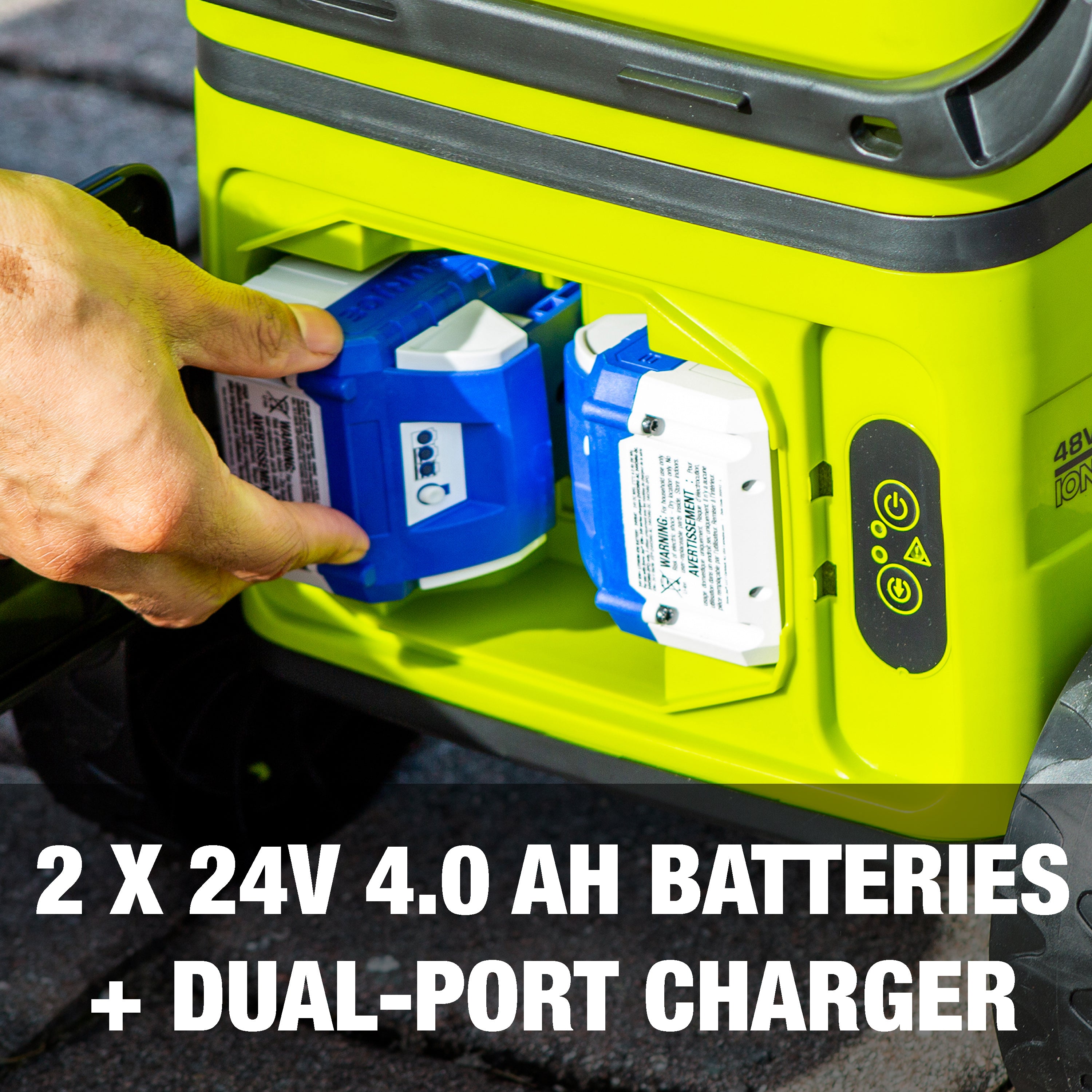 Two 24-volt lithium-ion batteries and dual-port charger.