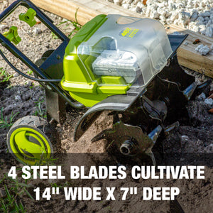 4 steel blades cultivate 14 inches wide and 7 inches deep.