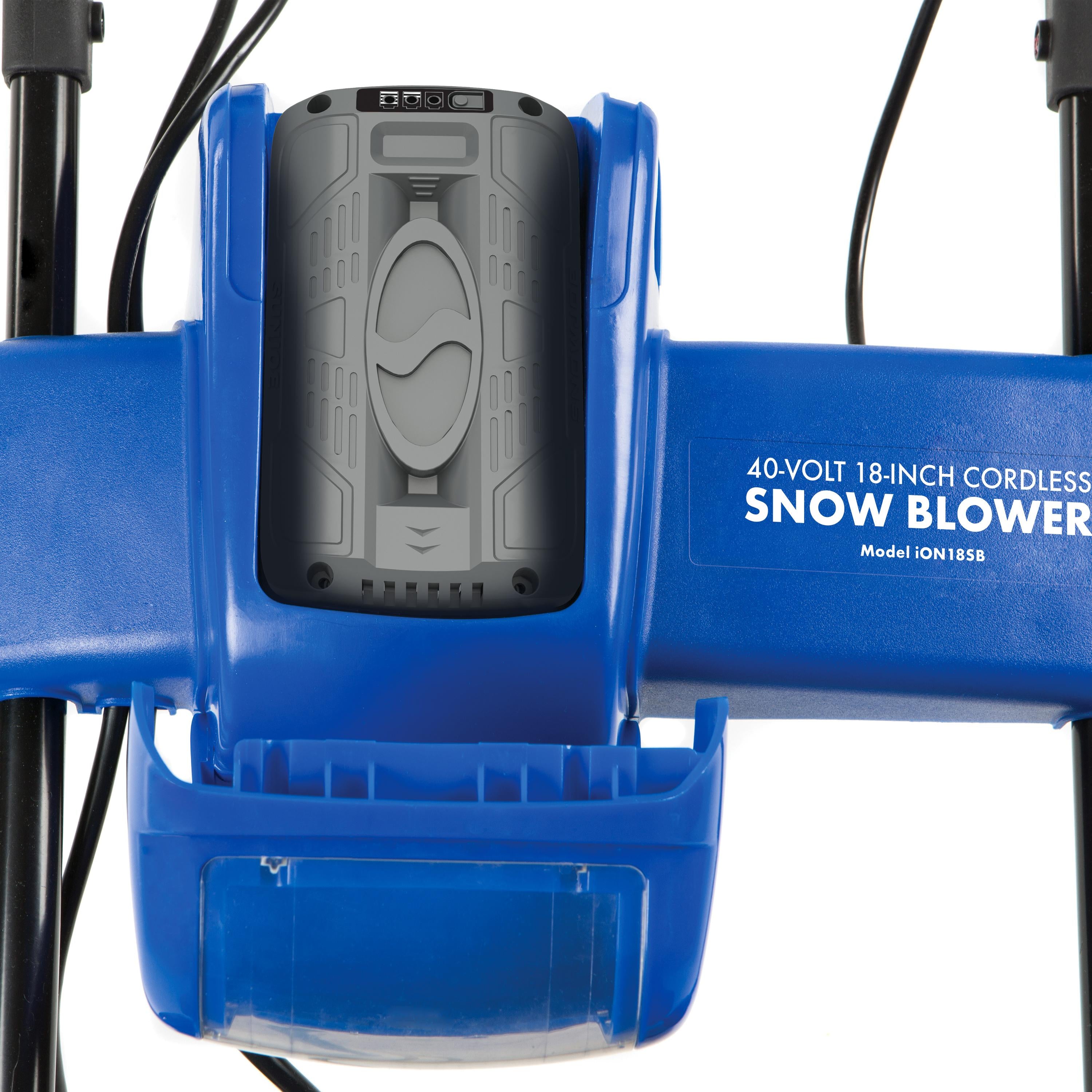 Snow Joe and Sun Joe 40-volt 4.0-Ah lithium-ion battery installed on a snow blower.