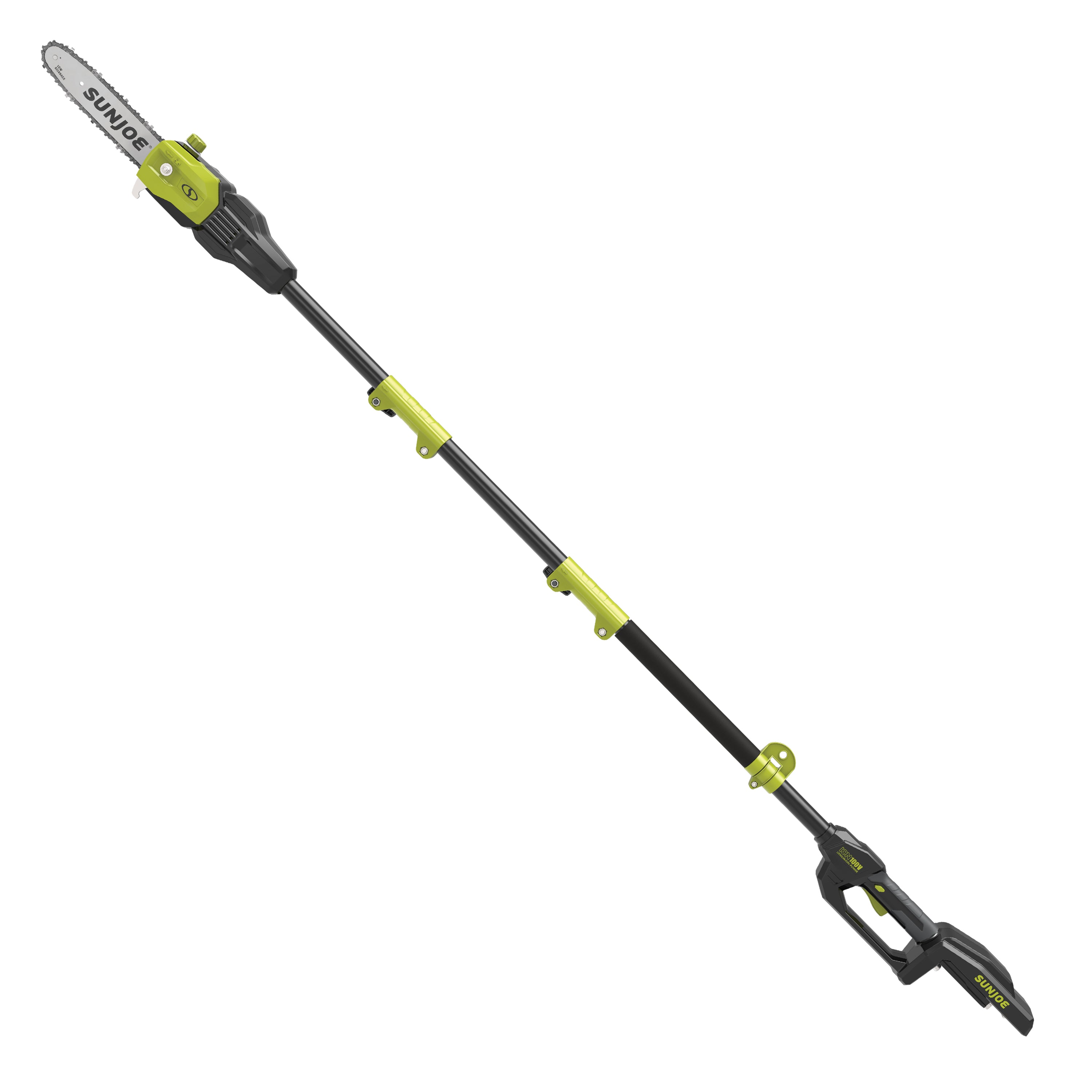 Side view of the Sun Joe 100-volt 10-inch Cordless Modular Pole Chain Saw Kit.