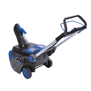 Rear-angled view of the Snow Joe 100-volt 21-inch Cordless Brushless Variable Speed Single Stage Snow Blower Kit.