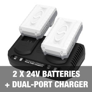 Two 24-volt 2.0-Ah lithium-ion batteries and dual-port charger.