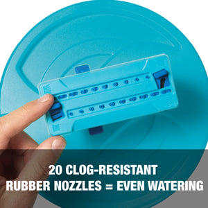 20 clog-resistant rubber nozzles equals even watering.