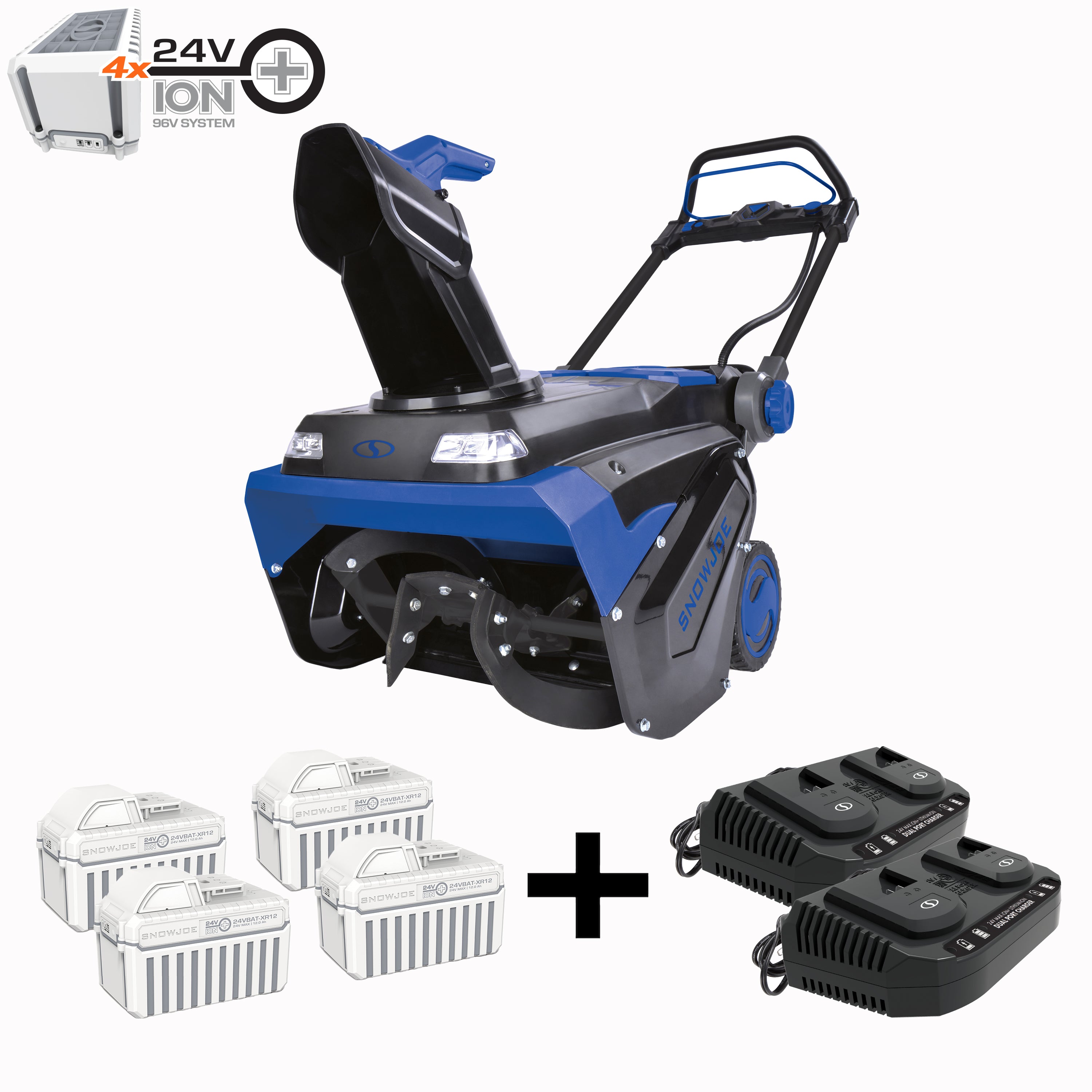 Snow Joe 96-volt cordless 21-inch snow blower plus 4 12.0-ah batteries and 2 dual port chargers.