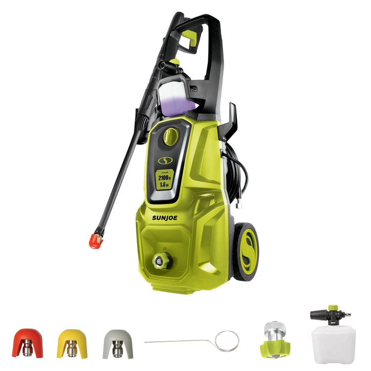 Sun Joe 13-amp 2100 PSI Electric Pressure Washer with foam cannon, hose adapter, quick connect tips, and needle clean out tool.