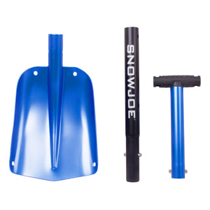 Unassembled 3-piece Snow Joe 32-inch blue Aluminum Compact Utility Shovel.