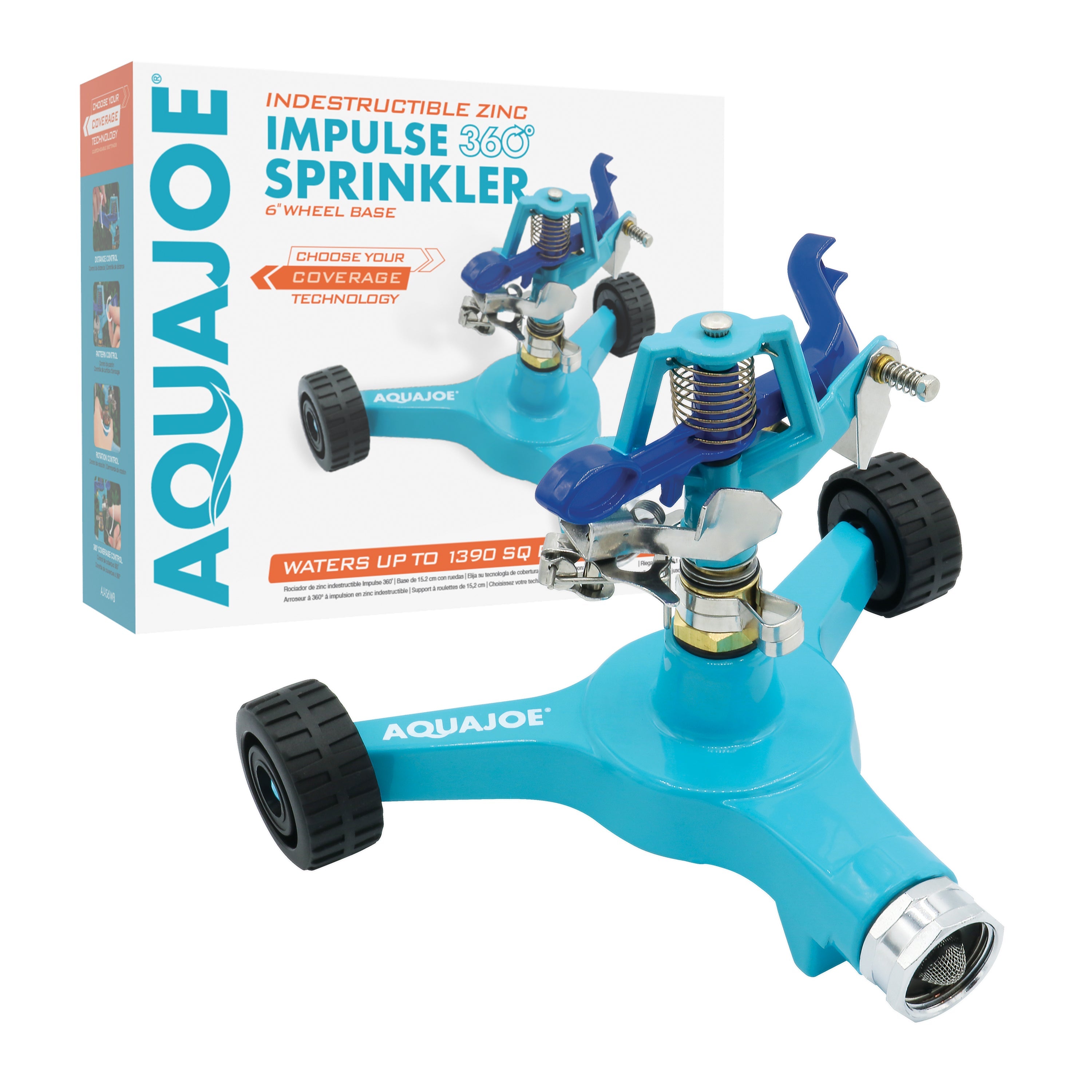 Aqua Joe AJ-IS6WB Indestructible Zinc Impulse 360° Sprinkler | Customizable Coverage | Wheeled Base | 1390 sq ft Max Coverage